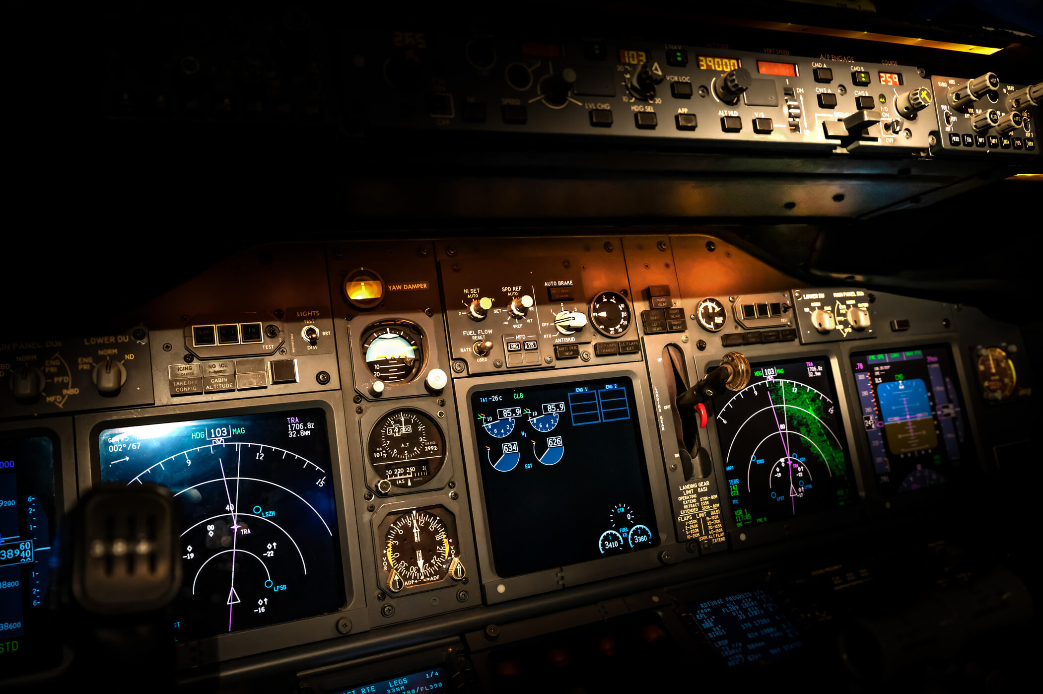 Image of a plane dashboard lit up