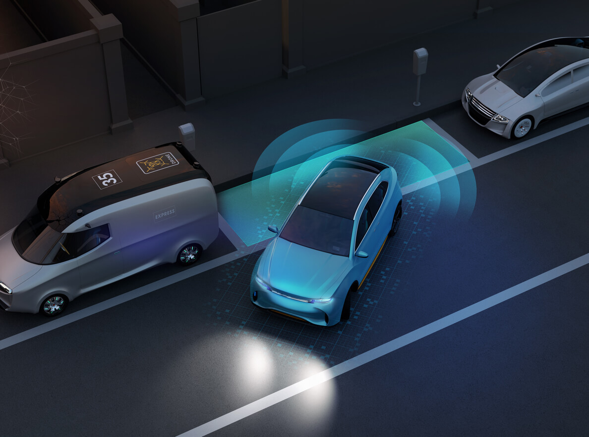 Rendering of a car using sensors to parallel park between two other vehicles