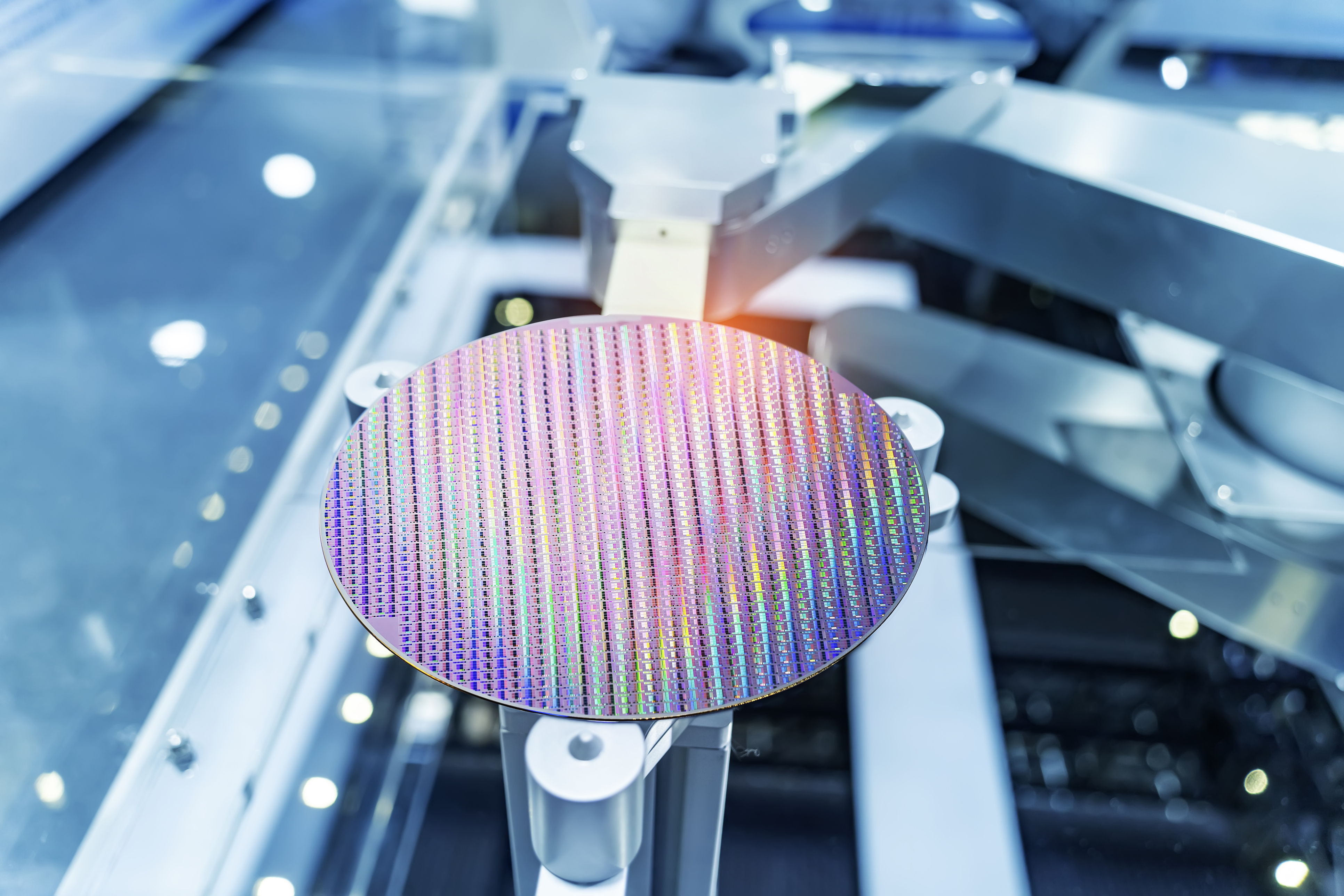 Silicon Wafers and Microcircuits with Automation system control application on automate robot arm