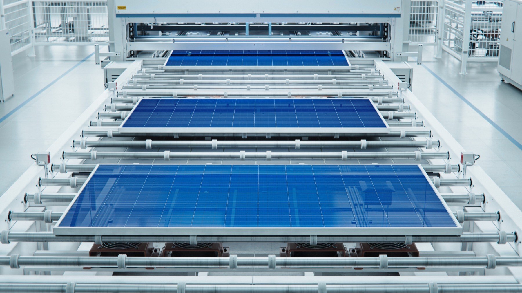 Solar Panel on Conveyor Line during Production Process